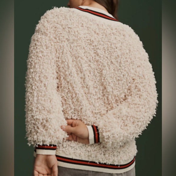 Cream Textured V-Neck Sweater Jacket with Contrast Trim - Picture 3 of 4